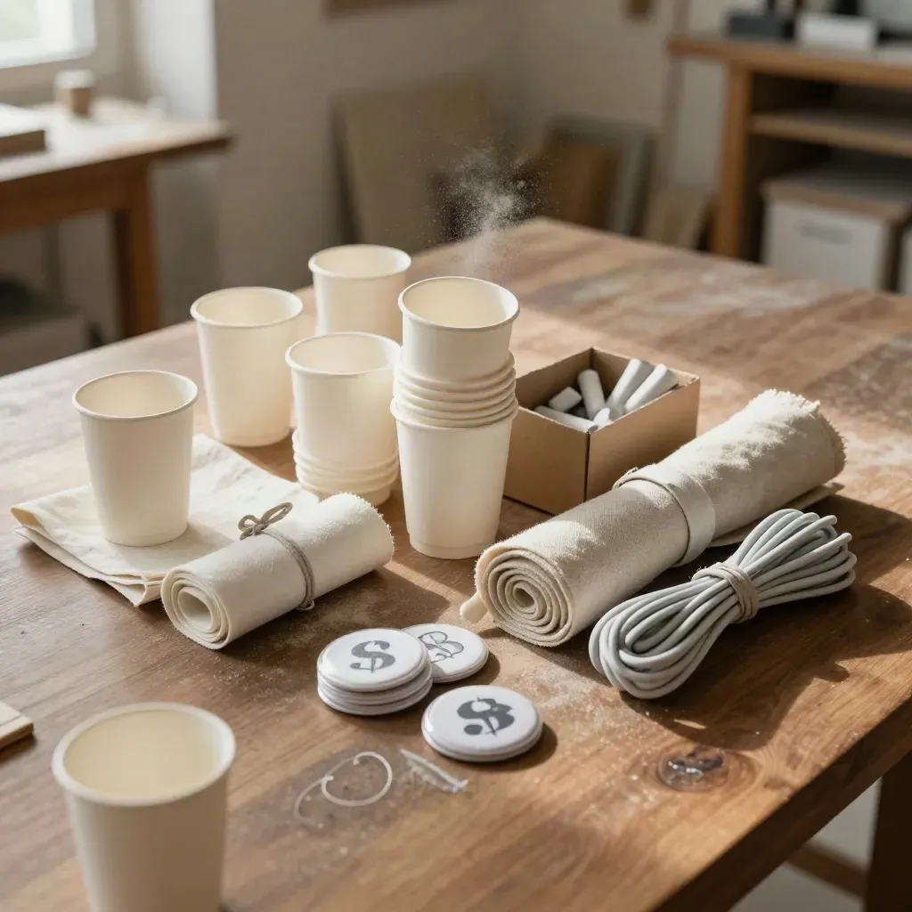 Bovenaanzicht van workshopspullen op een houten tafel met bekers, badges, krijt en kabels.